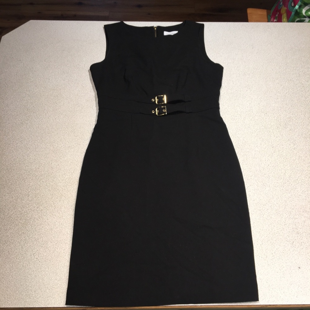 Calvin Klein black dress with gold buckle accents